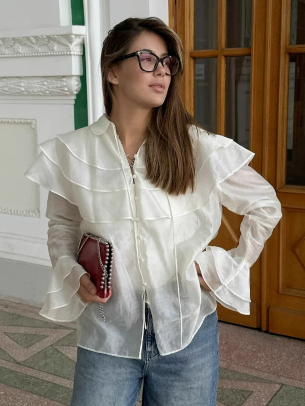 Forever 21 White Ruffle Tencel Blouse with Loose Flare Sleeve for Spring